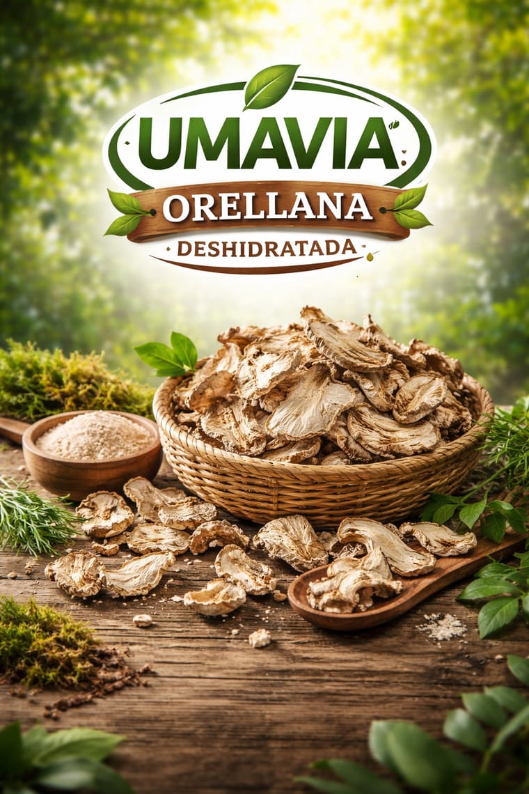 Canasta con orellana deshidratada UMAVIA y cuenco de orellana molida sobre madera