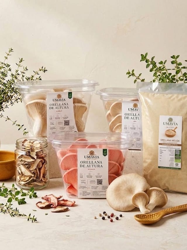 Bodegón con los productos UMAVIA: bandejas de orellana fresca blanca y rosada, frasco de orellana deshidratada y bolsa de orellana molida