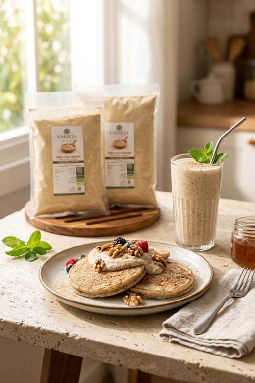 Bolsas de orellana molida UMAVIA junto a un batido y pancakes preparados con ella