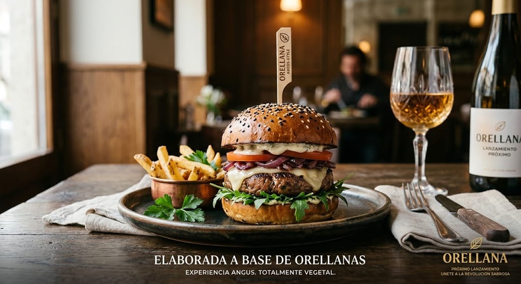 Hamburguesa elaborada a base de orellanas con papas fritas y una copa de vino, presentada como próximo lanzamiento