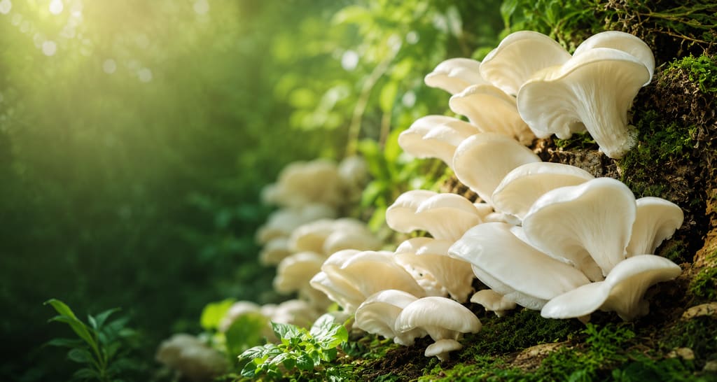 Orellanas blancas creciendo sobre un tronco cubierto de musgo con luz natural de bosque