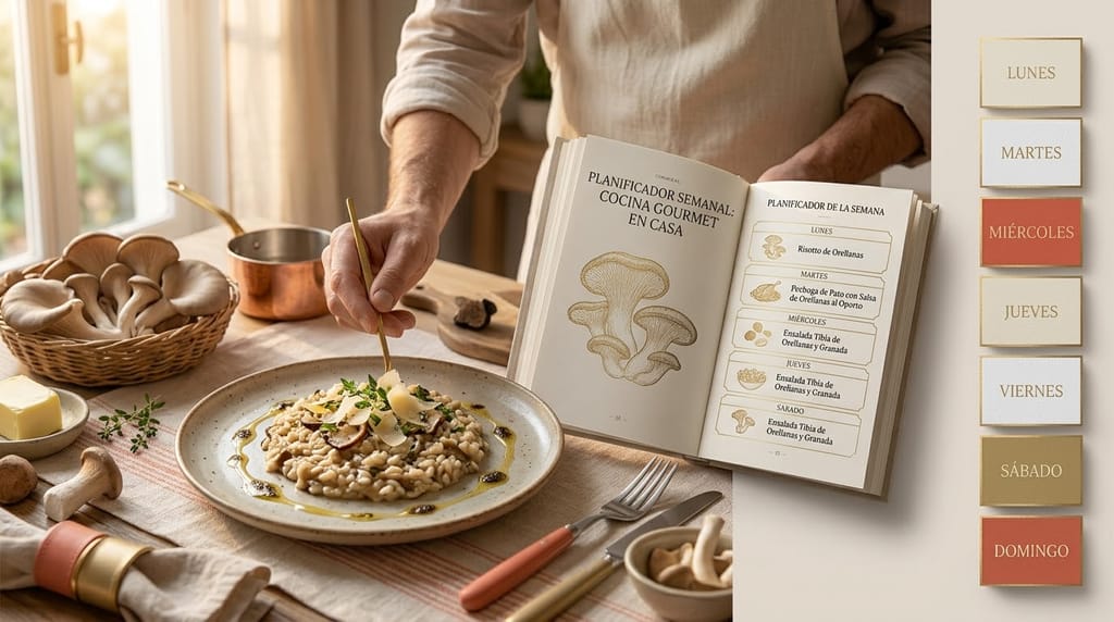 Cocinando en casa un risotto de orellanas junto a un planificador semanal de recetas gourmet